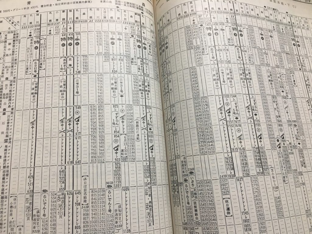 1972年3月号の函館本線の時刻表